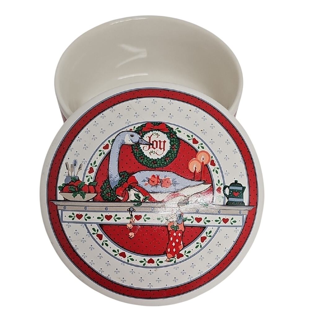 Vintage Holiday Joy Goose on Mantel with Stocking Porcelain Trinket Candy Dish
